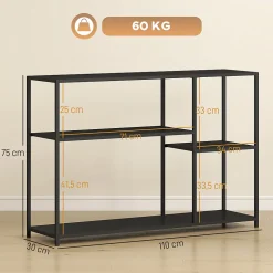 Console meuble d'entrée style industriel 4 étagères dim. 110 x 30 x 75 cm acier panneaux noir
