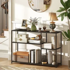Console meuble d'entrée style industriel 4 étagères dim. 110 x 30 x 75 cm acier panneaux noir