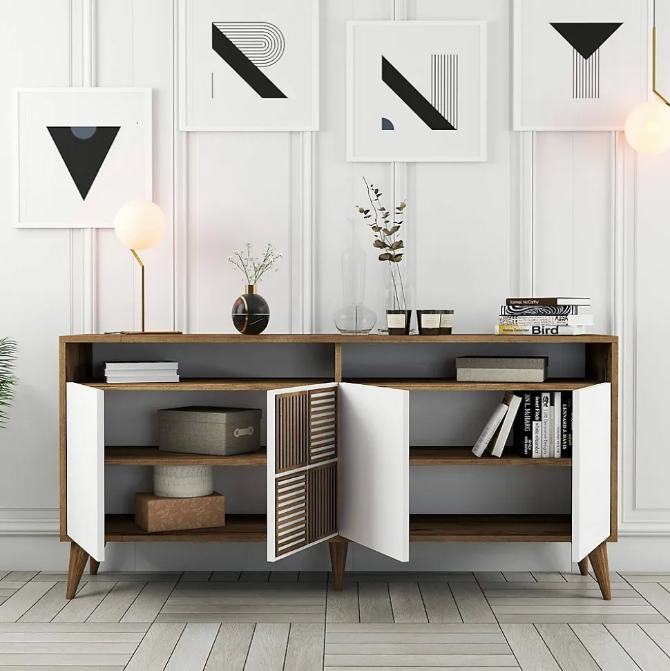 Console Scorpio, Table polyvalente, Armoire de rangement, Bureau du couloir, 160x35h79 cm, Noyer et Blanc