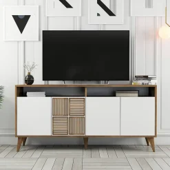 Console Scorpio, Table polyvalente, Armoire de rangement, Bureau du couloir, 160x35h79 cm, Noyer et Blanc