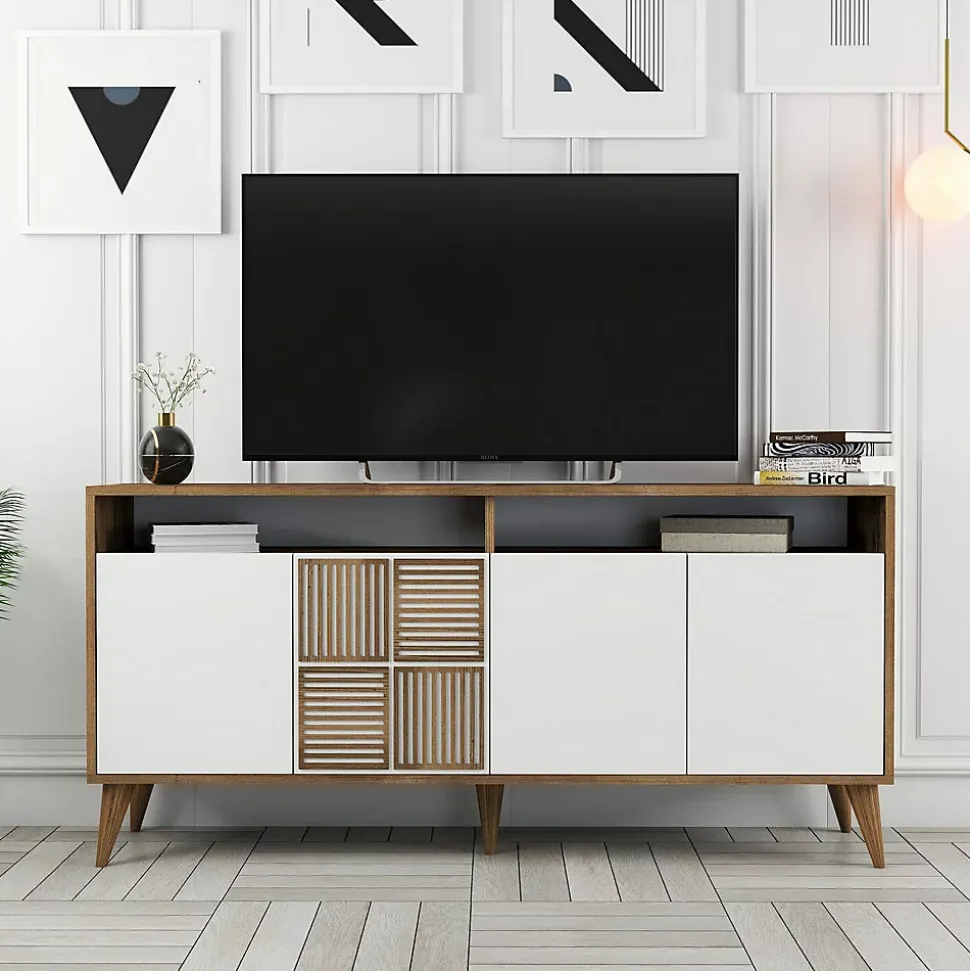 Console Scorpio, Table polyvalente, Armoire de rangement, Bureau du couloir, 160x35h79 cm, Noyer et Blanc