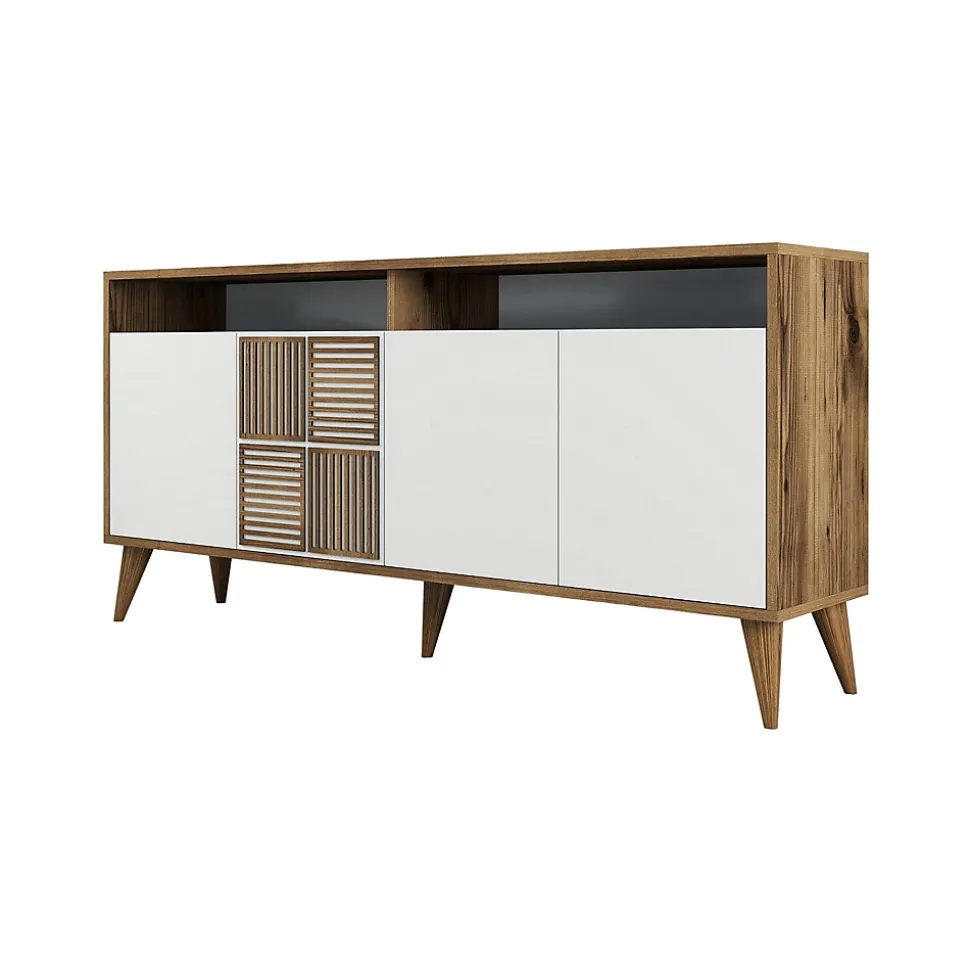 Console Scorpio, Table polyvalente, Armoire de rangement, Bureau du couloir, 160x35h79 cm, Noyer et Blanc