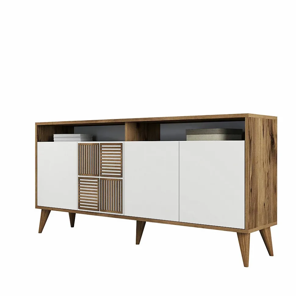 Console Scorpio, Table polyvalente, Armoire de rangement, Bureau du couloir, 160x35h79 cm, Noyer et Blanc