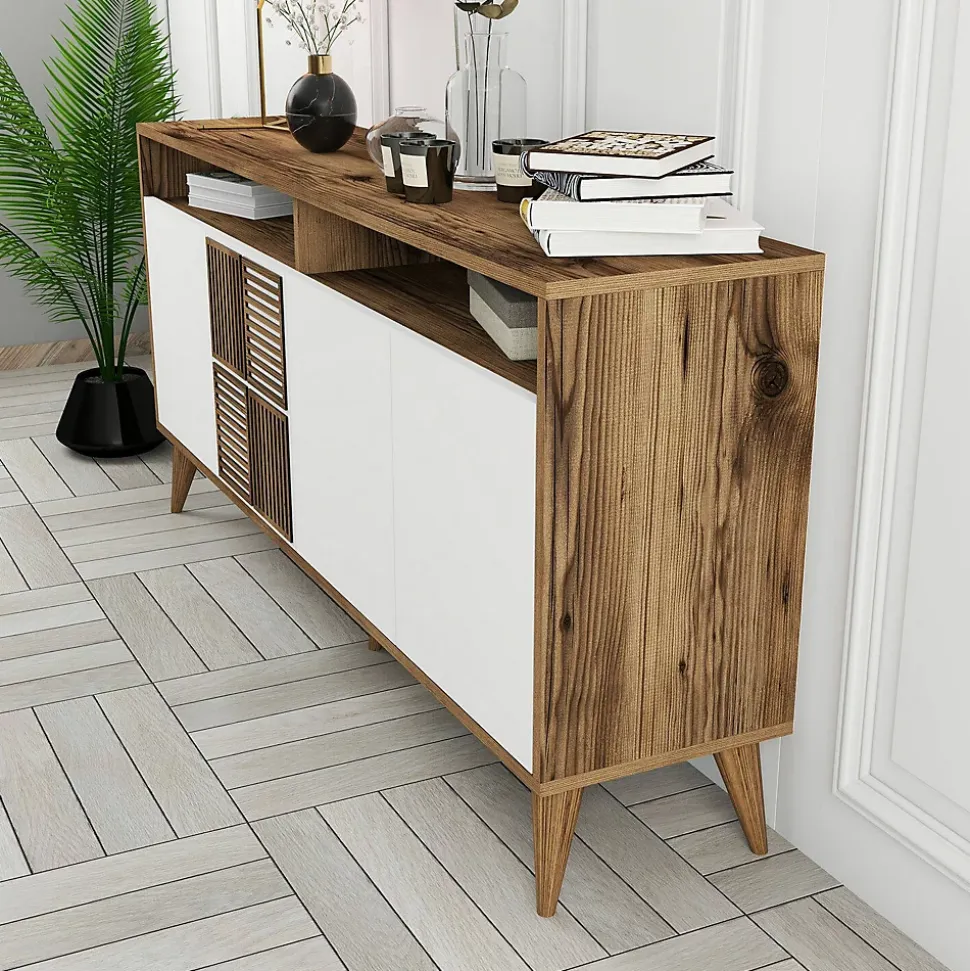 Console Scorpio, Table polyvalente, Armoire de rangement, Bureau du couloir, 160x35h79 cm, Noyer et Blanc