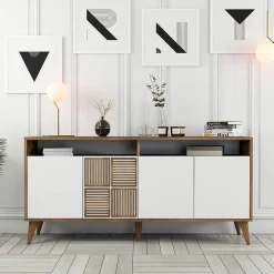 Console Scorpio, Table polyvalente, Armoire de rangement, Bureau du couloir, 160x35h79 cm, Noyer et Blanc