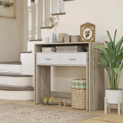 Console secrétaire 2 en 1 - plateau coulissant, 2 tiroirs - dim. 95L x 35P x 87H cm - blanc naturel