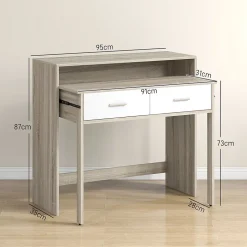 Console secrétaire 2 en 1 - plateau coulissant, 2 tiroirs - dim. 95L x 35P x 87H cm - blanc naturel