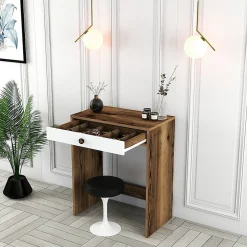 Console Solstice, Table polyvalente, Armoire de rangement, Bureau du couloir, 70x85h40 cm, Noyer et Blanc