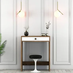 Console Solstice, Table polyvalente, Armoire de rangement, Bureau du couloir, 70x85h40 cm, Noyer et Blanc