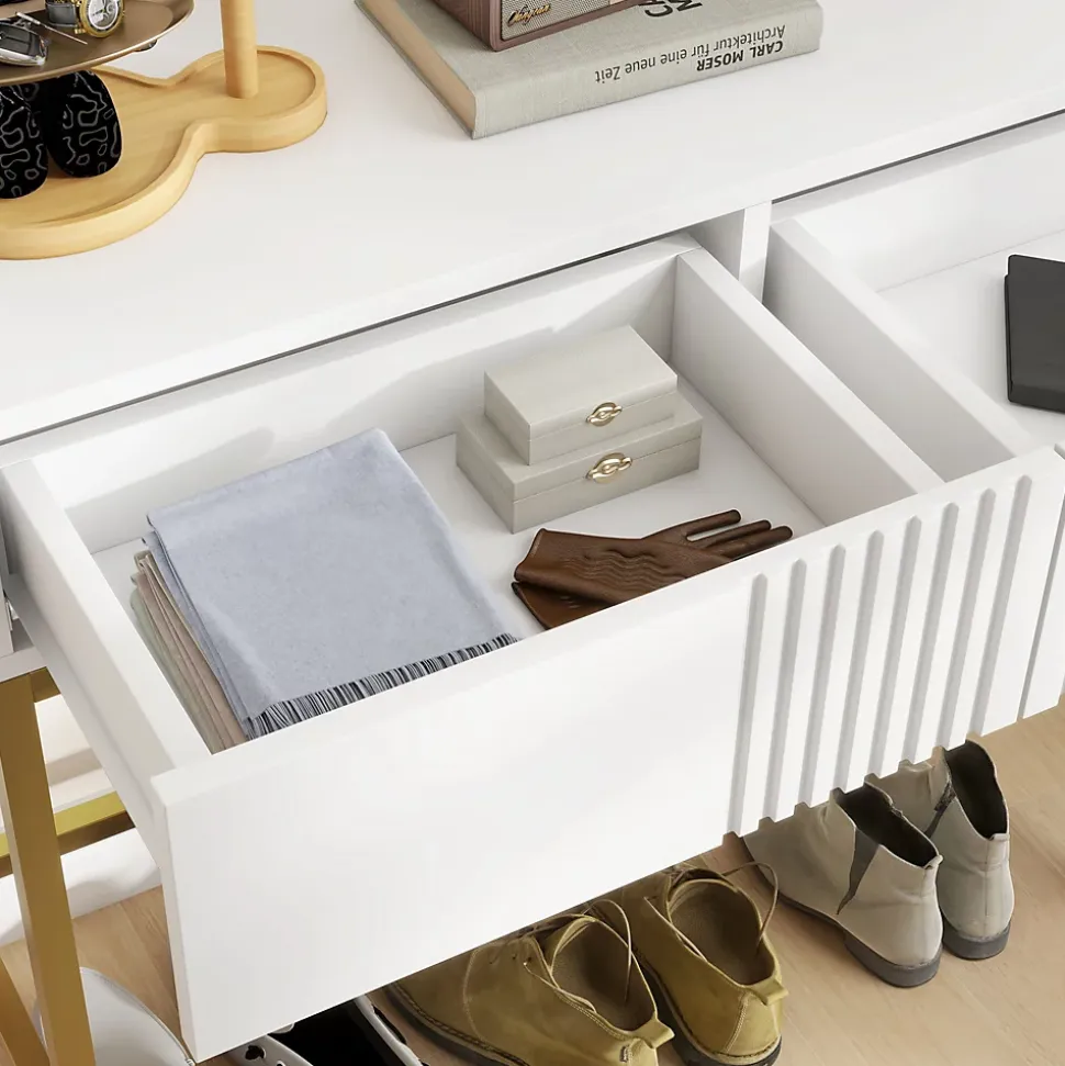 Console style Art déco - 2 tiroirs - piètement acier doré - blanc