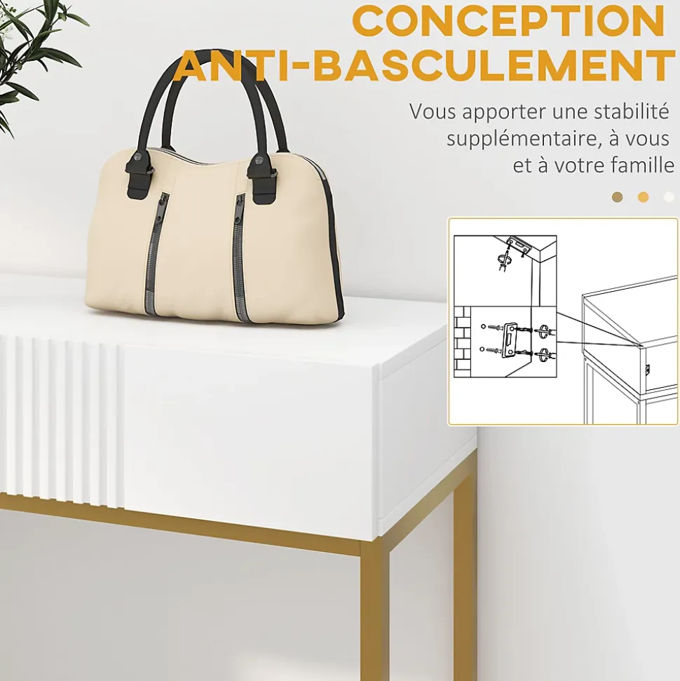 Console style Art déco - 2 tiroirs - piètement acier doré - blanc
