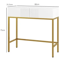 Console style Art déco - 2 tiroirs - piètement acier doré - blanc