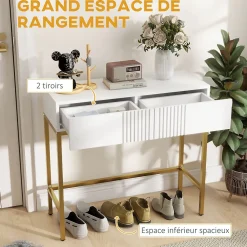 Console style Art déco - 2 tiroirs - piètement acier doré - blanc
