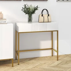 Console style Art déco - 2 tiroirs - piètement acier doré - blanc