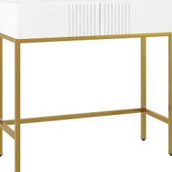 Console style Art déco - 2 tiroirs - piètement acier doré - blanc