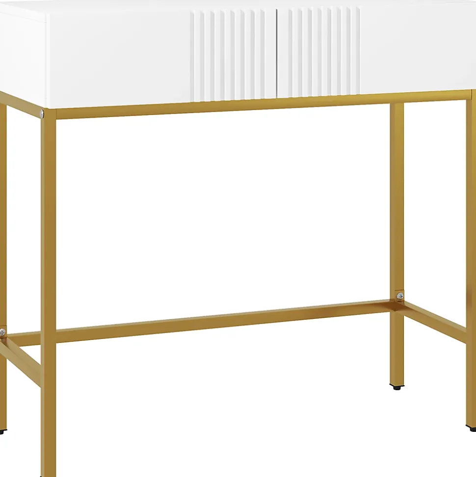 Console style Art déco - 2 tiroirs - piètement acier doré - blanc