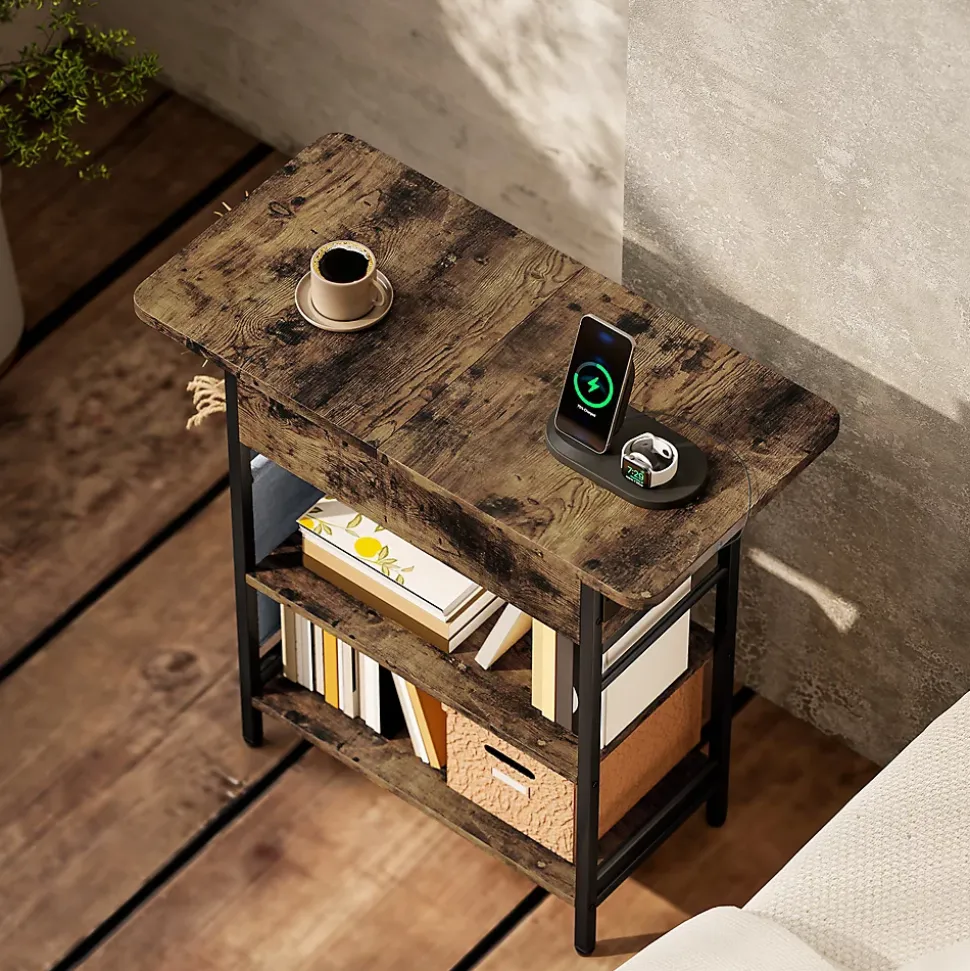 Console style industriel avec station de charge prises secteur et USB dim. 60 x 30 x 58,5 cm métal noir effet bois vieilli