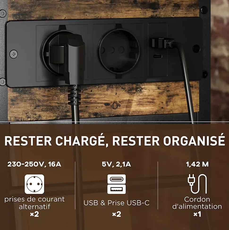 Console style industriel avec station de charge prises secteur et USB dim. 60 x 30 x 58,5 cm métal noir effet bois vieilli