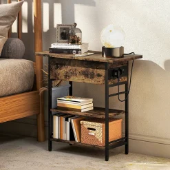 Console style industriel avec station de charge prises secteur et USB dim. 60 x 30 x 58,5 cm métal noir effet bois vieilli
