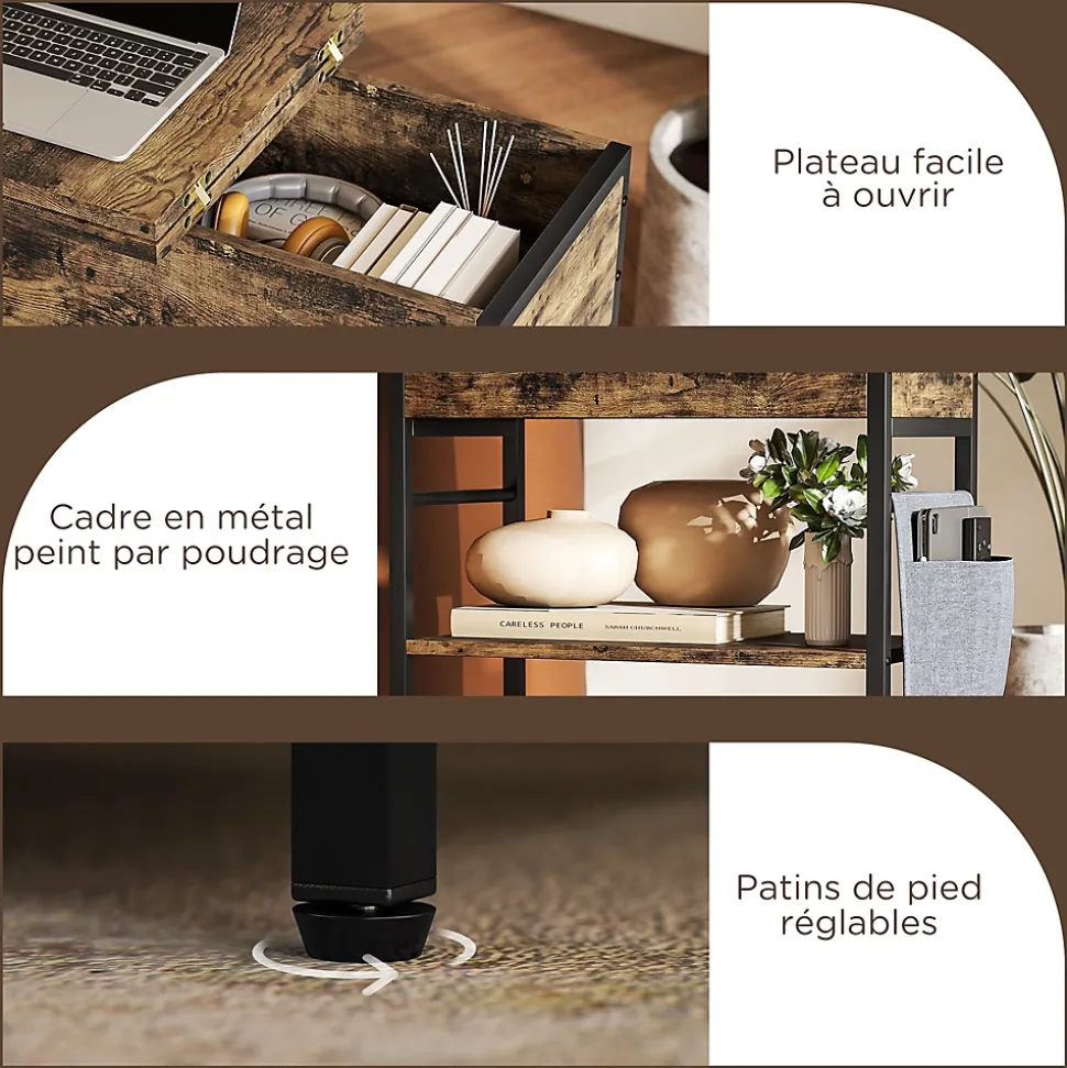 Console style industriel avec station de charge prises secteur et USB dim. 60 x 30 x 58,5 cm métal noir effet bois vieilli