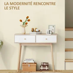 Console style nordique - 2 tiroirs coulissants - dim. 86 x 35 x 75 cm - effet bois clair blanc