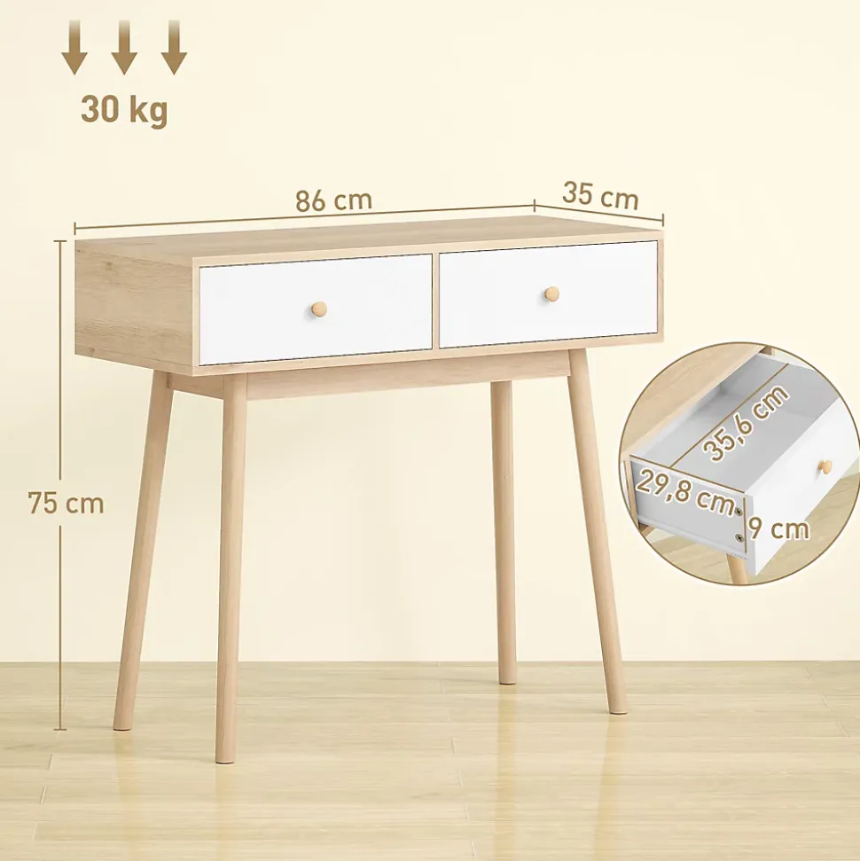 Console style nordique - 2 tiroirs coulissants - dim. 86 x 35 x 75 cm - effet bois clair blanc