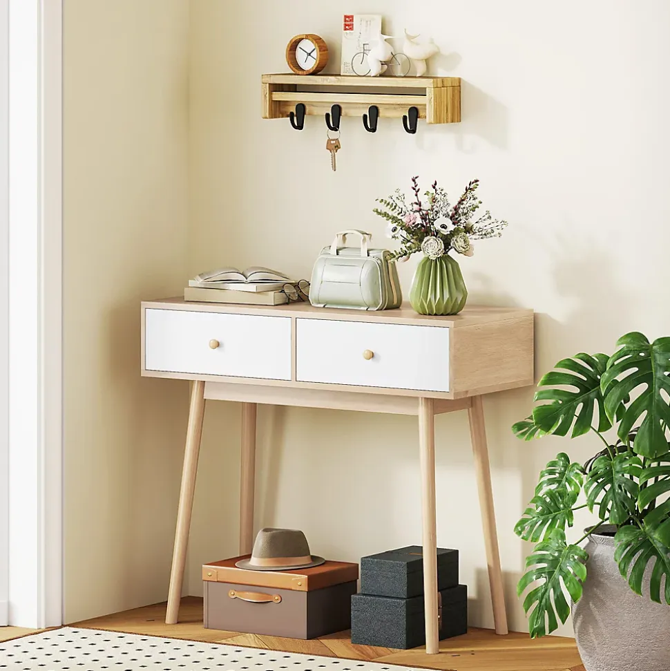 Console style nordique - 2 tiroirs coulissants - dim. 86 x 35 x 75 cm - effet bois clair blanc