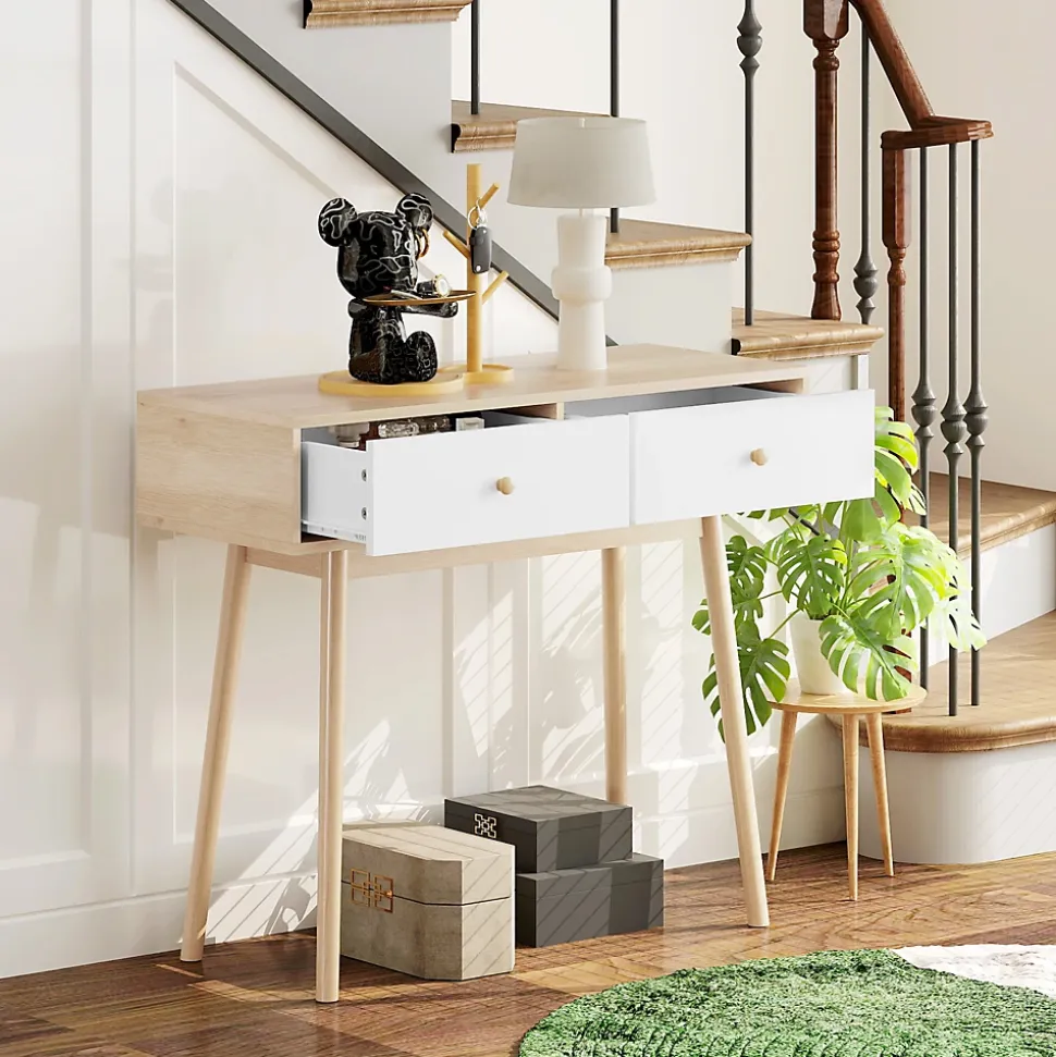 Console style nordique - 2 tiroirs coulissants - dim. 86 x 35 x 75 cm - effet bois clair blanc