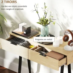 Console style nordique 2 tiroirs - piètement effilé poignées métal noir effet bois clair