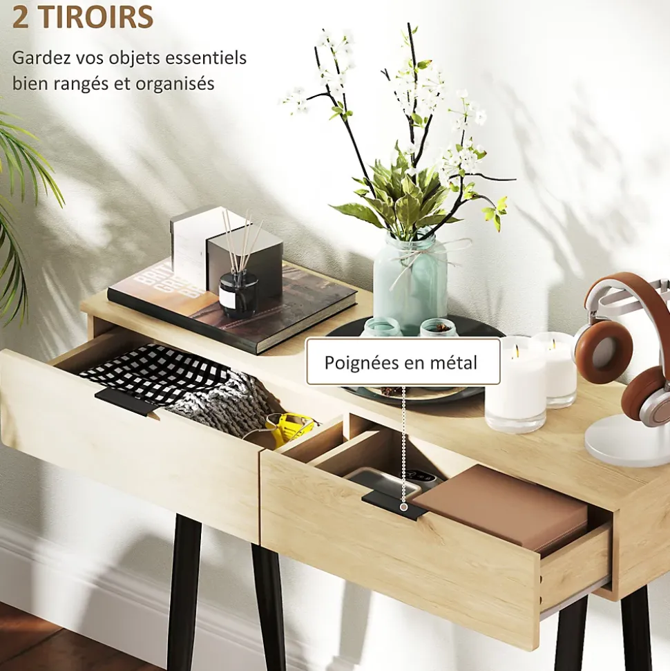 Console style nordique 2 tiroirs - piètement effilé poignées métal noir effet bois clair