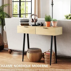 Console style nordique 2 tiroirs - piètement effilé poignées métal noir effet bois clair