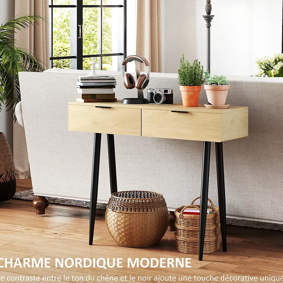 Console style nordique 2 tiroirs - piètement effilé poignées métal noir effet bois clair