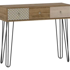 Console style néo-rétro 3 tiroirs graphiques piètement épingle acier noir effet bois