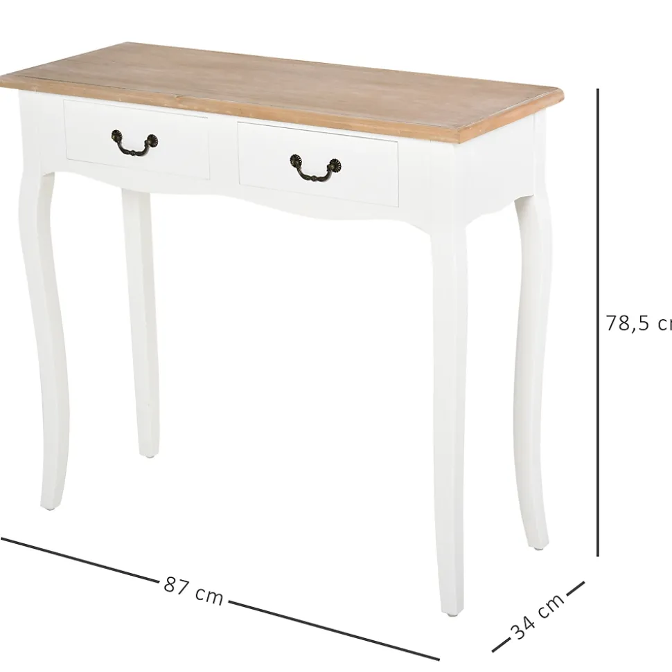 Console style table de drapier style shabby chic 2 tiroirs dim. 87L x 34l x 78H cm MDF bois massif pin clair blanc