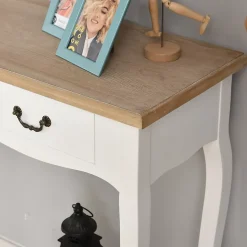 Console style table de drapier style shabby chic 2 tiroirs dim. 87L x 34l x 78H cm MDF bois massif pin clair blanc