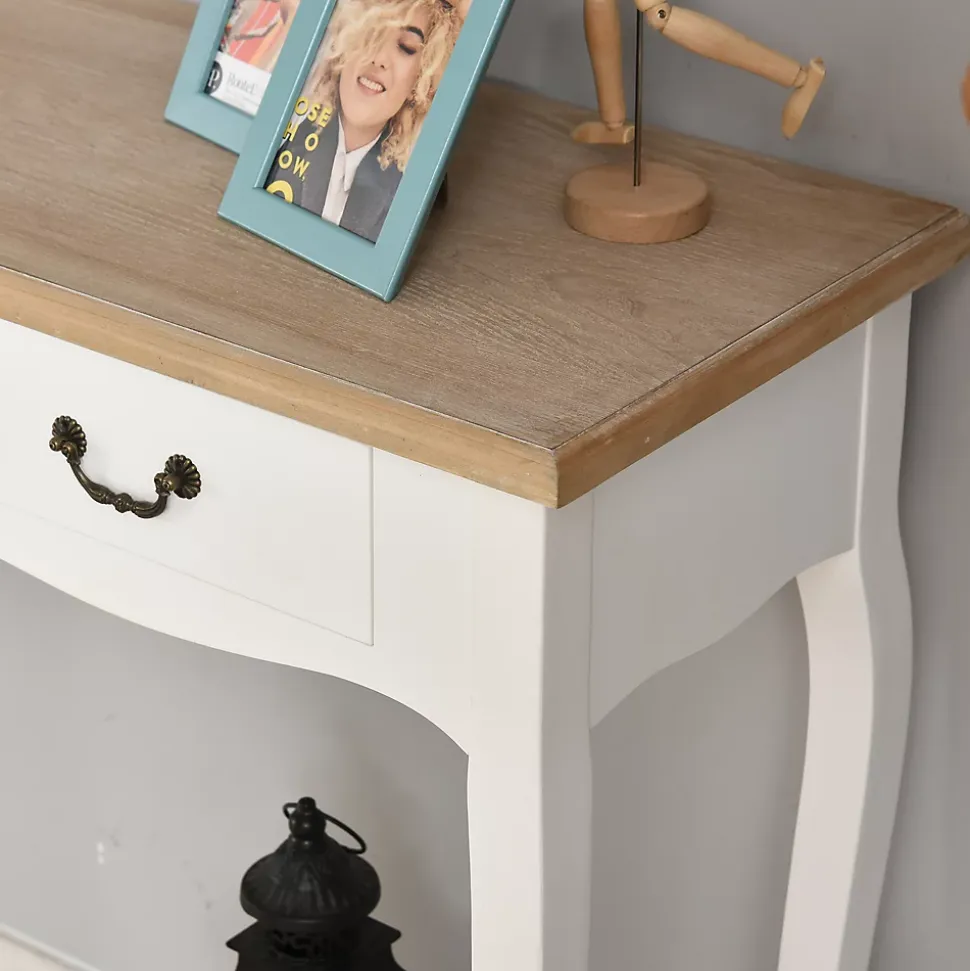 Console style table de drapier style shabby chic 2 tiroirs dim. 87L x 34l x 78H cm MDF bois massif pin clair blanc