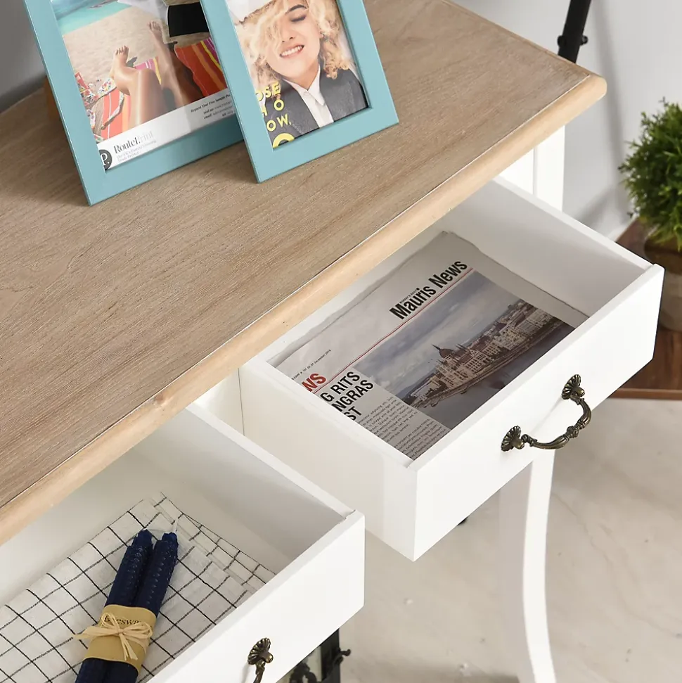 Console style table de drapier style shabby chic 2 tiroirs dim. 87L x 34l x 78H cm MDF bois massif pin clair blanc