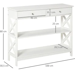 Console style table de drapier néo-rétro 2 tiroirs 2 étagères dim. 100L x 30l x 80H cm MDF blanc