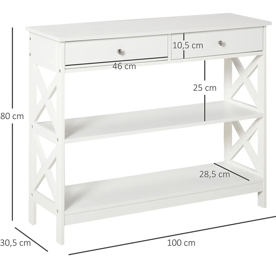 Console style table de drapier néo-rétro 2 tiroirs 2 étagères dim. 100L x 30l x 80H cm MDF blanc