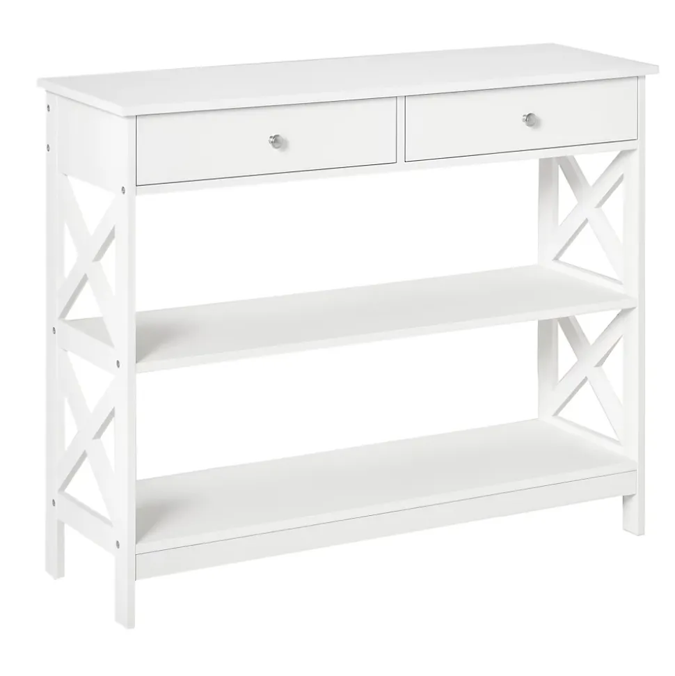 Console style table de drapier néo-rétro 2 tiroirs 2 étagères dim. 100L x 30l x 80H cm MDF blanc
