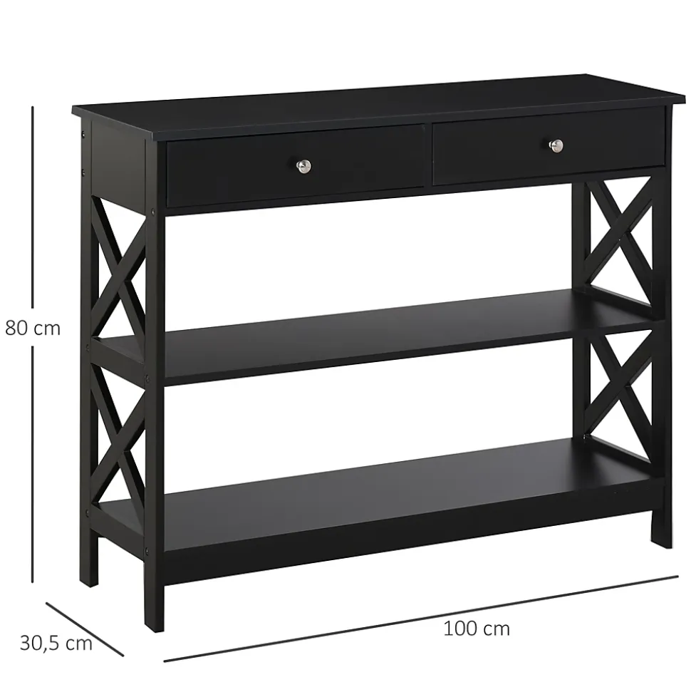 Console style table de drapier néo-rétro 2 tiroirs 2 étagères dim. 100L x 30l x 80H cm MDF noir