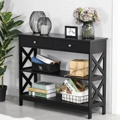 Console style table de drapier néo-rétro 2 tiroirs 2 étagères dim. 100L x 30l x 80H cm MDF noir