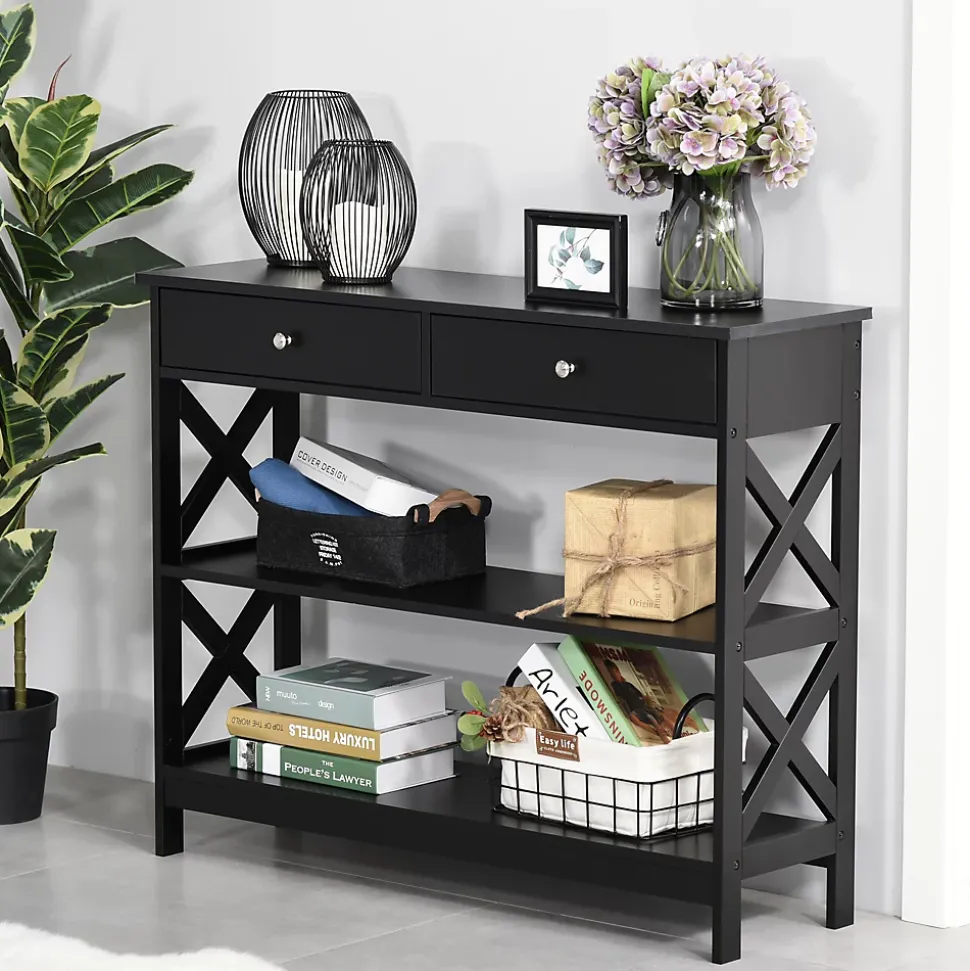 Console style table de drapier néo-rétro 2 tiroirs 2 étagères dim. 100L x 30l x 80H cm MDF noir