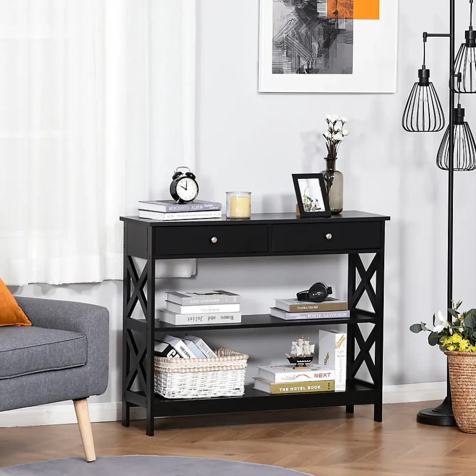 Console style table de drapier néo-rétro 2 tiroirs 2 étagères dim. 100L x 30l x 80H cm MDF noir