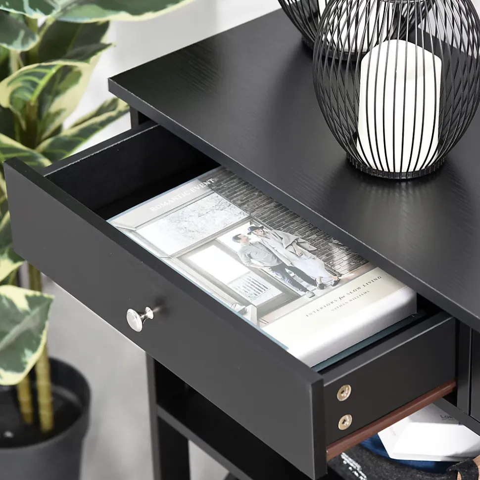 Console style table de drapier néo-rétro 2 tiroirs 2 étagères dim. 100L x 30l x 80H cm MDF noir