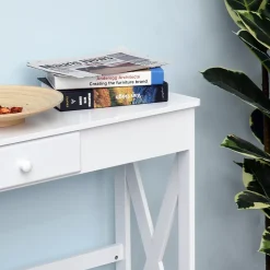 Console style table de drapier néo-rétro tiroir + étagère dim. 100L x 30l x 81H cm MDF blanc