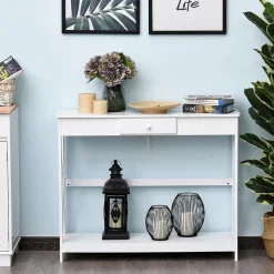 Console style table de drapier néo-rétro tiroir + étagère dim. 100L x 30l x 81H cm MDF blanc