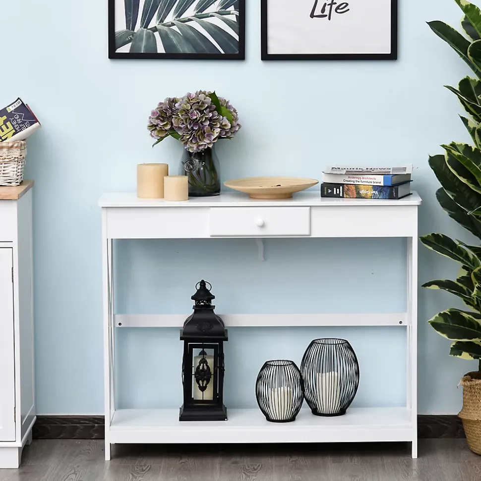 Console style table de drapier néo-rétro tiroir + étagère dim. 100L x 30l x 81H cm MDF blanc