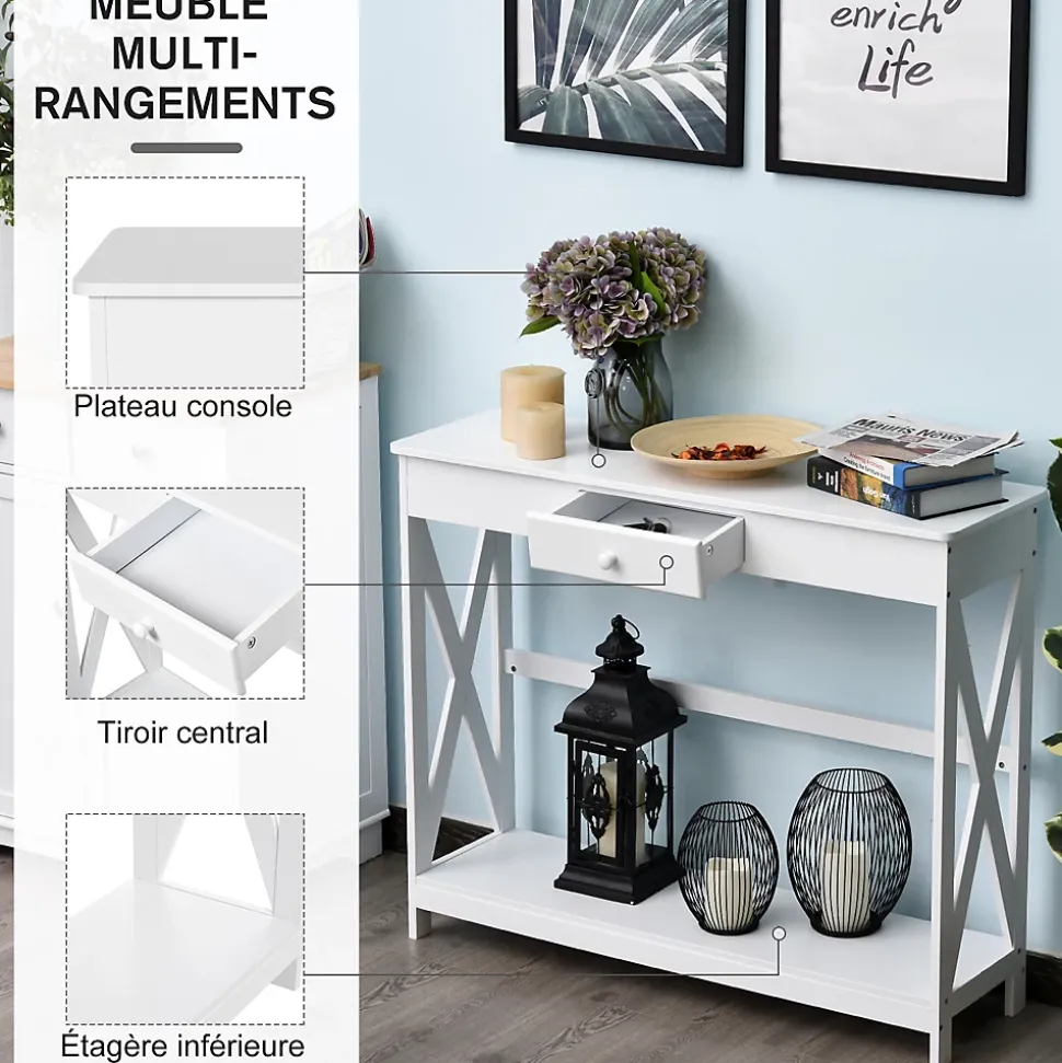 Console style table de drapier néo-rétro tiroir + étagère dim. 100L x 30l x 81H cm MDF blanc