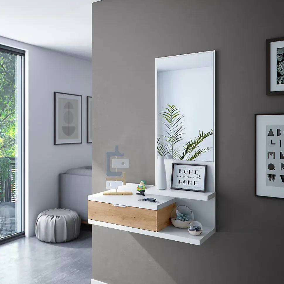 Console suspendue avec 1 tiroir et 1 miroir L81 cm - DHALIA